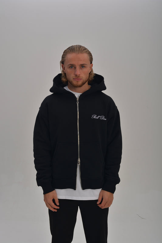 EMBROIDERED HOODED ZIP UP - BLACK