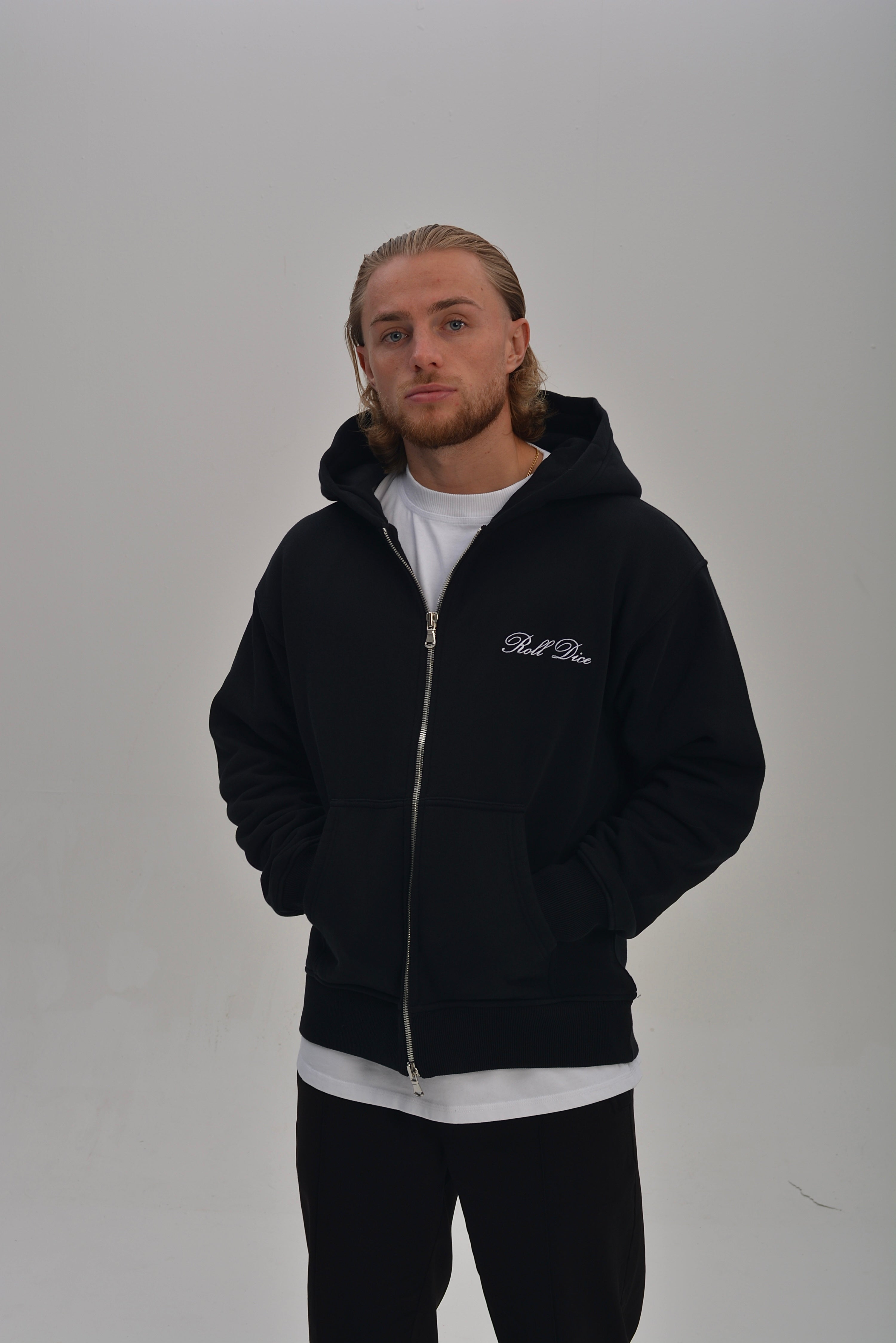 EMBROIDERED HOODED ZIP UP - BLACK – Roll Dice